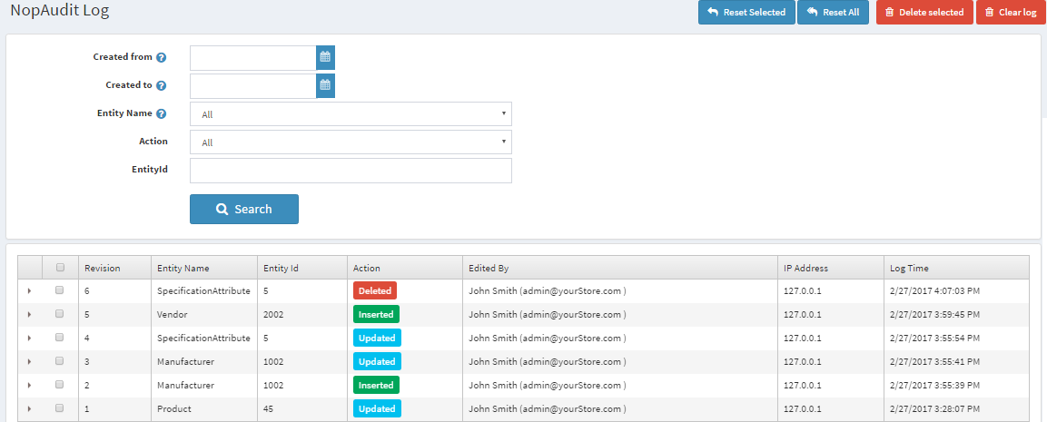 nopCommerce Audit Log Track Entity Changes